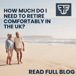 Couple walking on a beach in retirement with message how much do I need to retire comfortably in the UK for link to blog